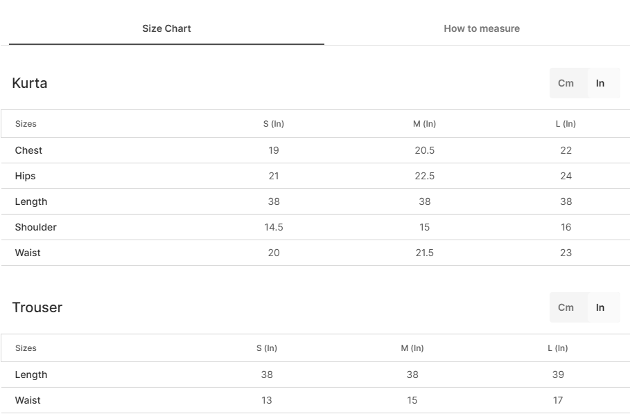 Size chart for Qirat