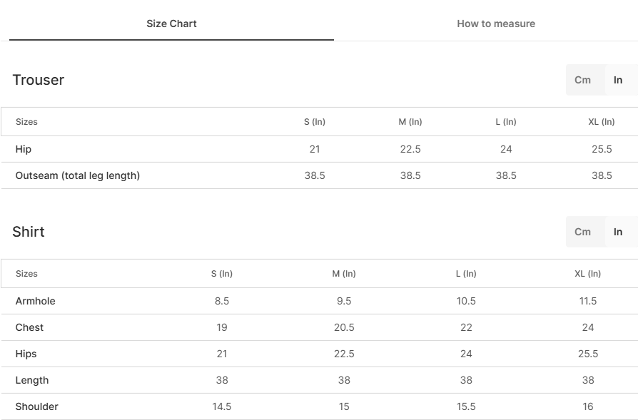 Size chart for Raaina