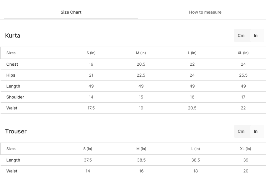 Size chart for Rahiba
