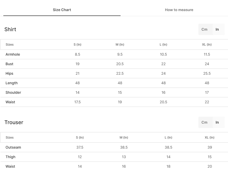 Size chart for Ramsha White