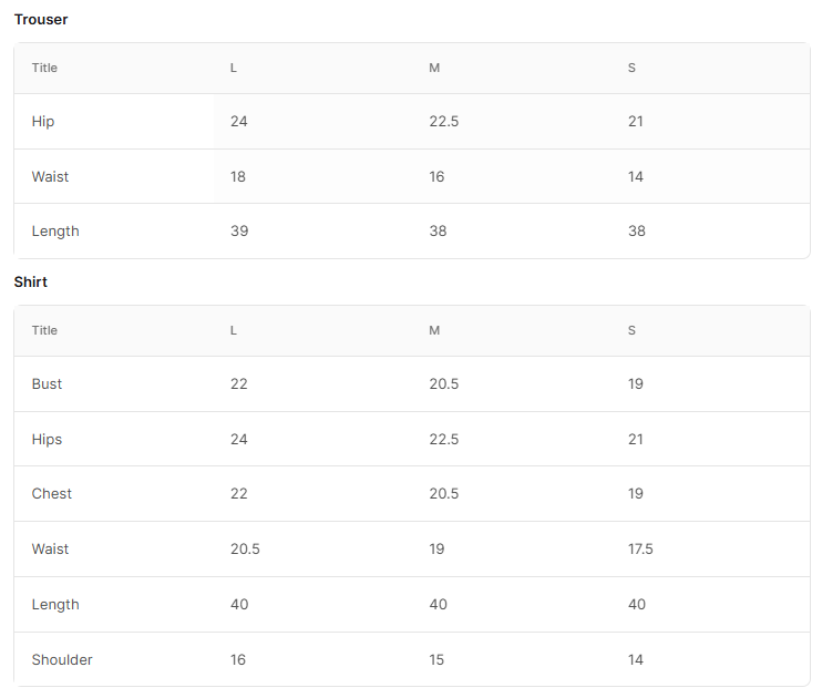 Size chart for Raunak