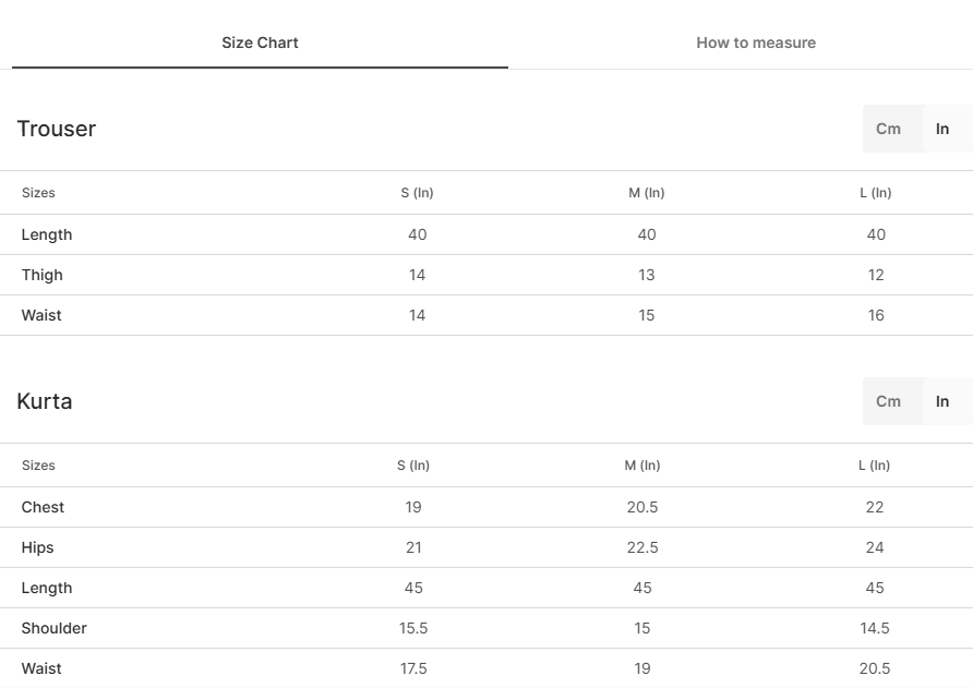Size chart for Ravi Ivory