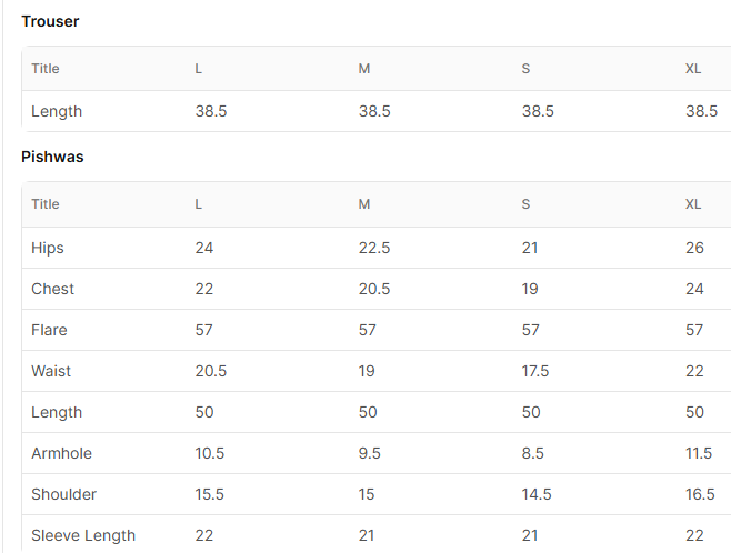 Size chart for Rayfa