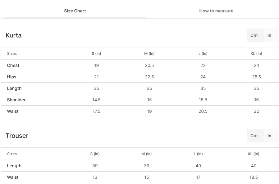 Size chart for Rebecca Blue