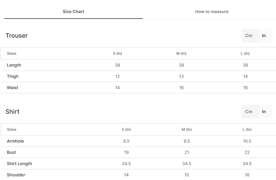 Size chart for Rehaab Black