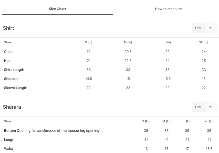 Size chart for Reyaa