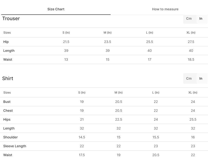 Size chart for Rima Pink