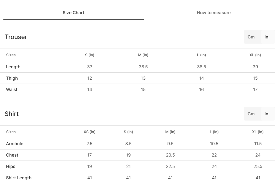 Size chart for Riwaayat