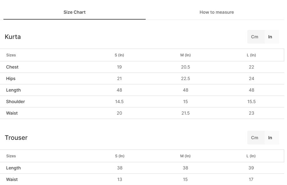 Size chart for Riyasat White