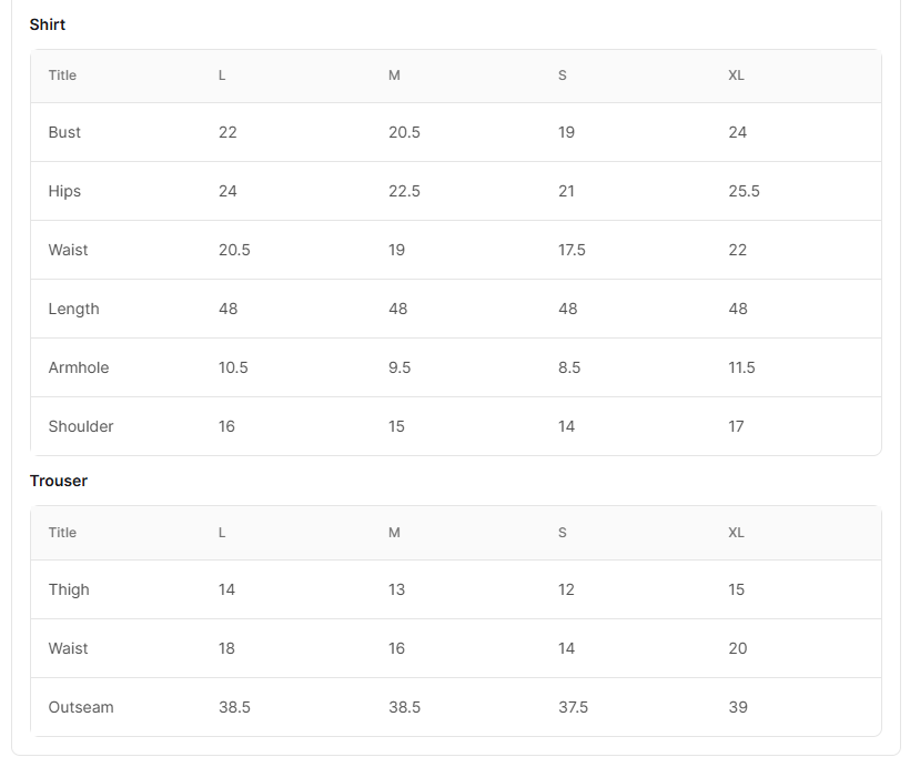Size chart for Roam Black