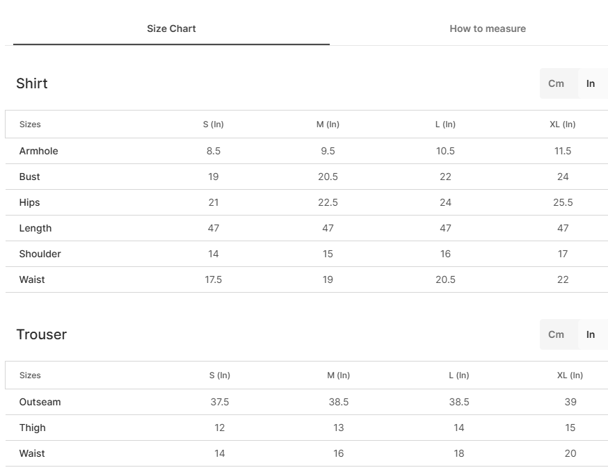 Size chart for Rohini Linen