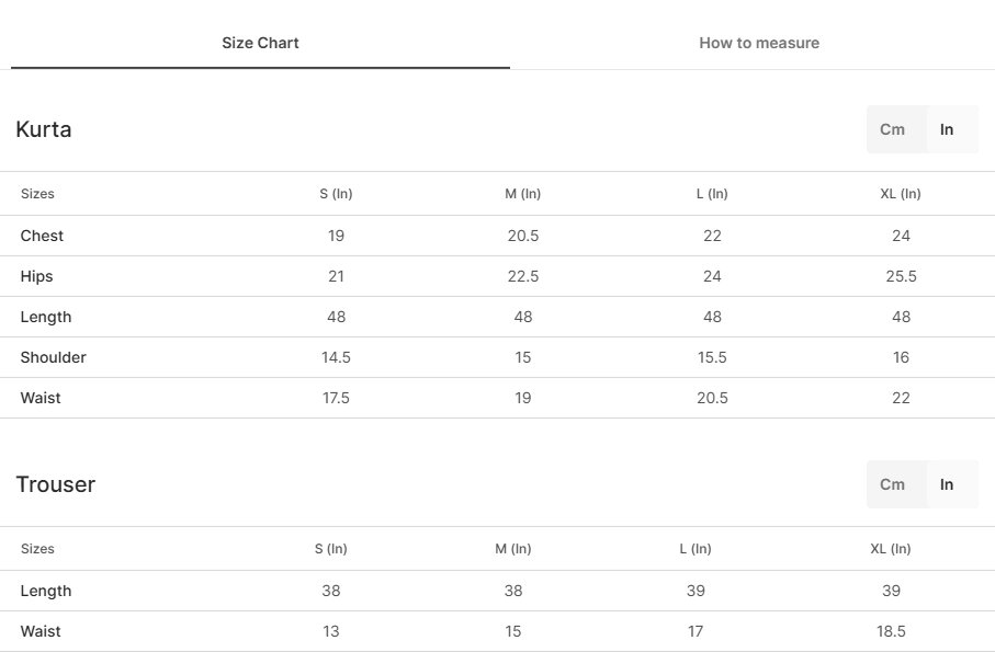 Size chart for Rohini