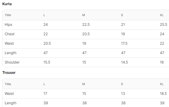 Size chart for Rohini