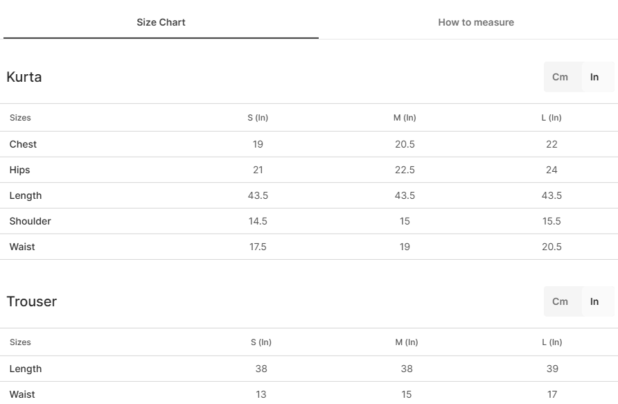Size chart for Rosemary Ivory