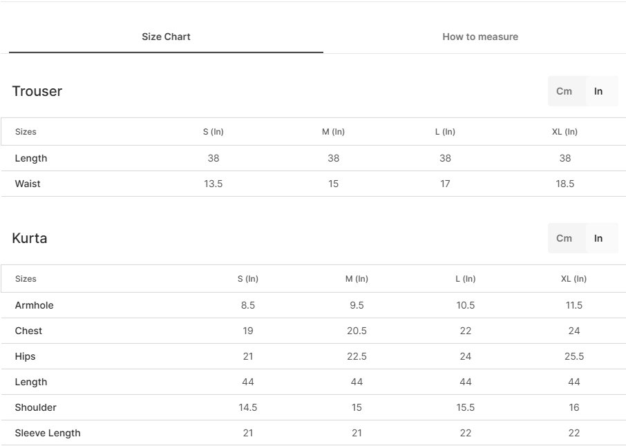 Size chart for Roshina