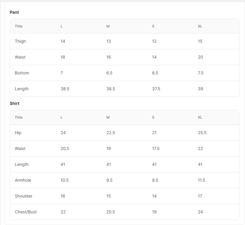 Size chart for Ruby Black