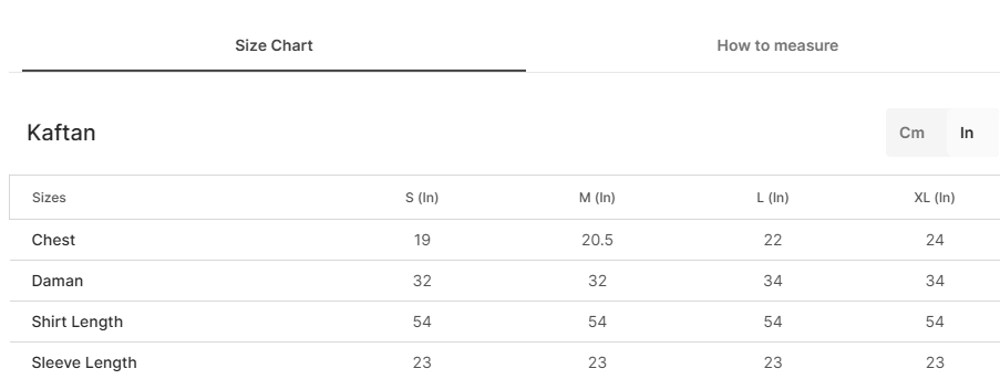 Size chart for Ruhee Black