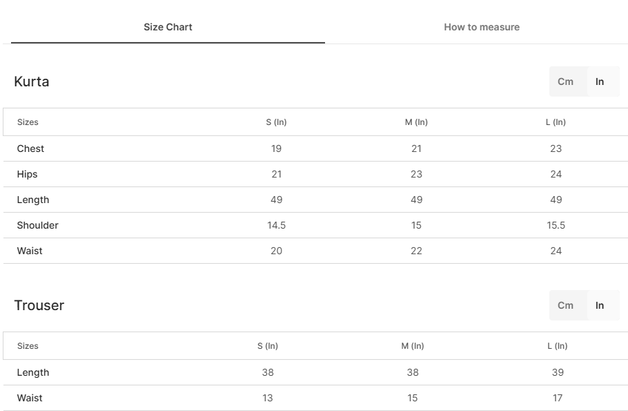 Size chart for Rukhsaar
