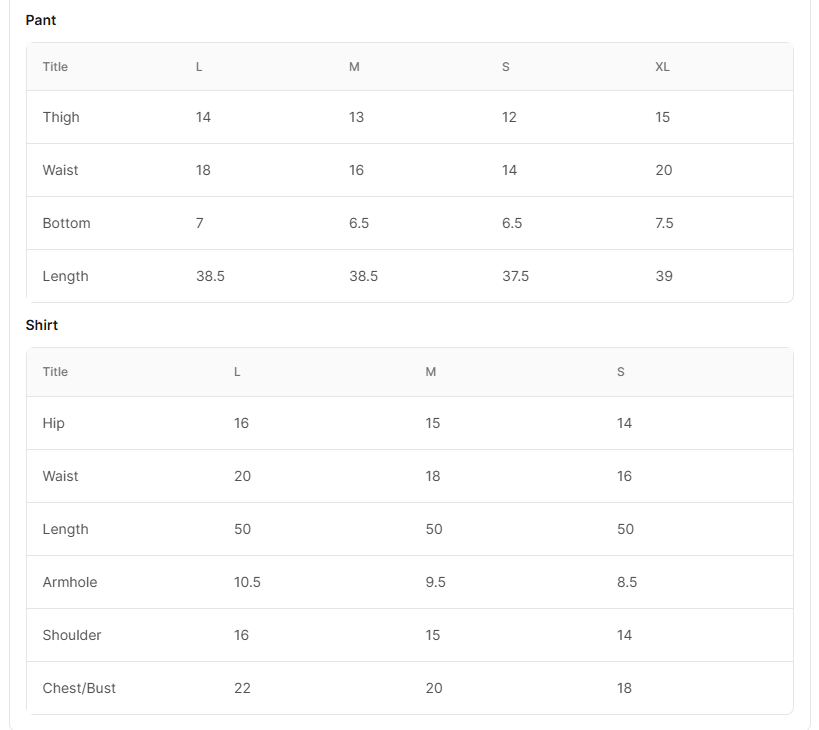 Size chart for Saba