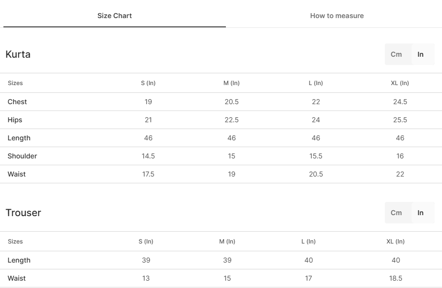 Size chart for Sabista