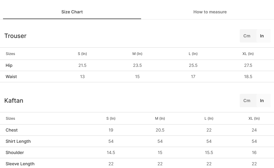 Size chart for Sadabahar