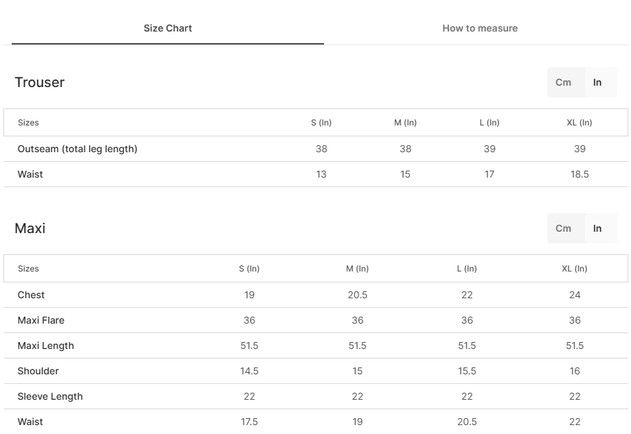Size chart for Safae