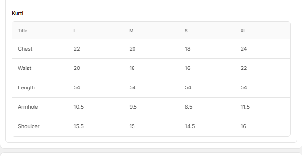Size chart for Sahar