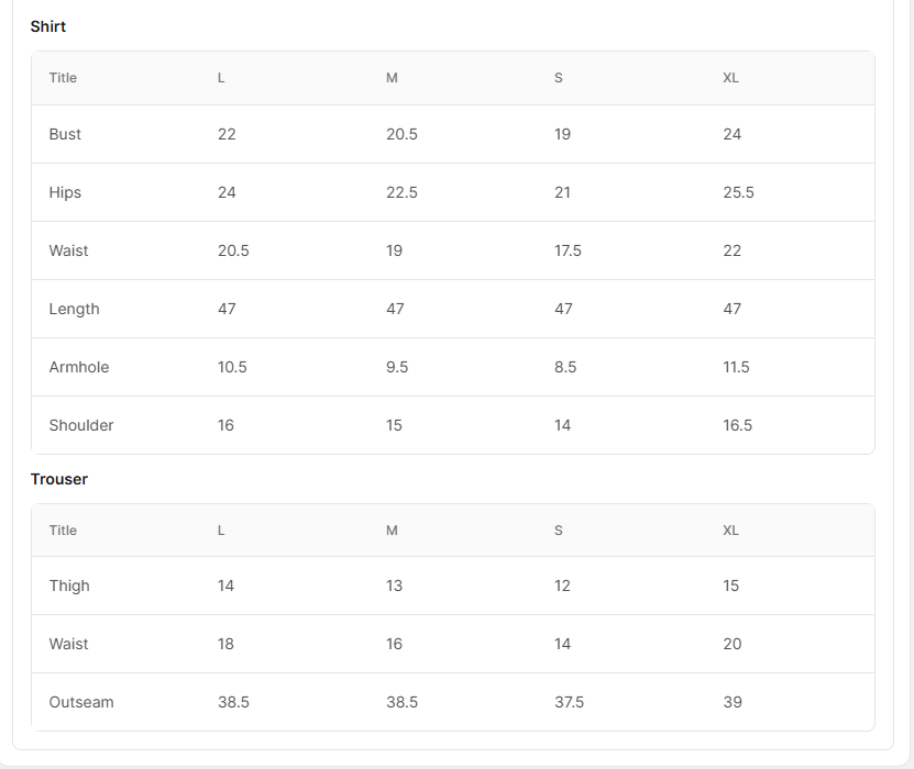Size chart for Sahibaan