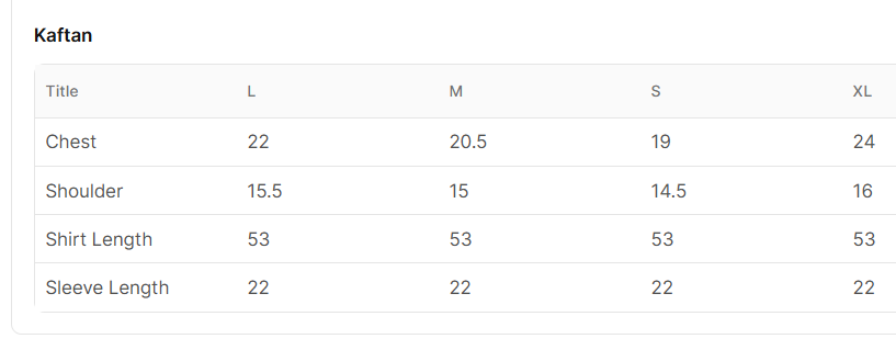 Size chart for Saliha