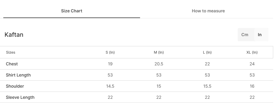 Size chart for Saliha