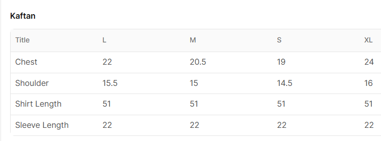 Size chart for Sarapa