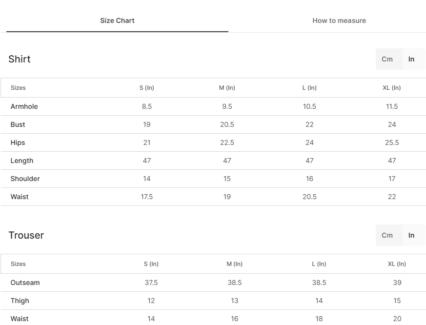 Size chart for Sarosh