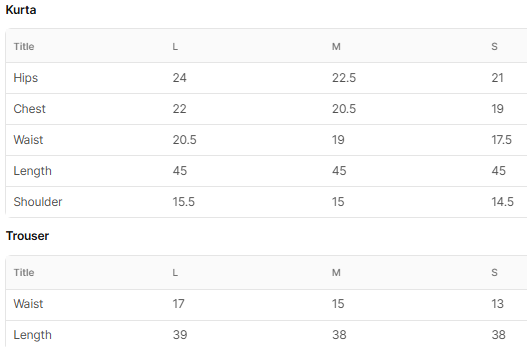 Size chart for Sarwari
