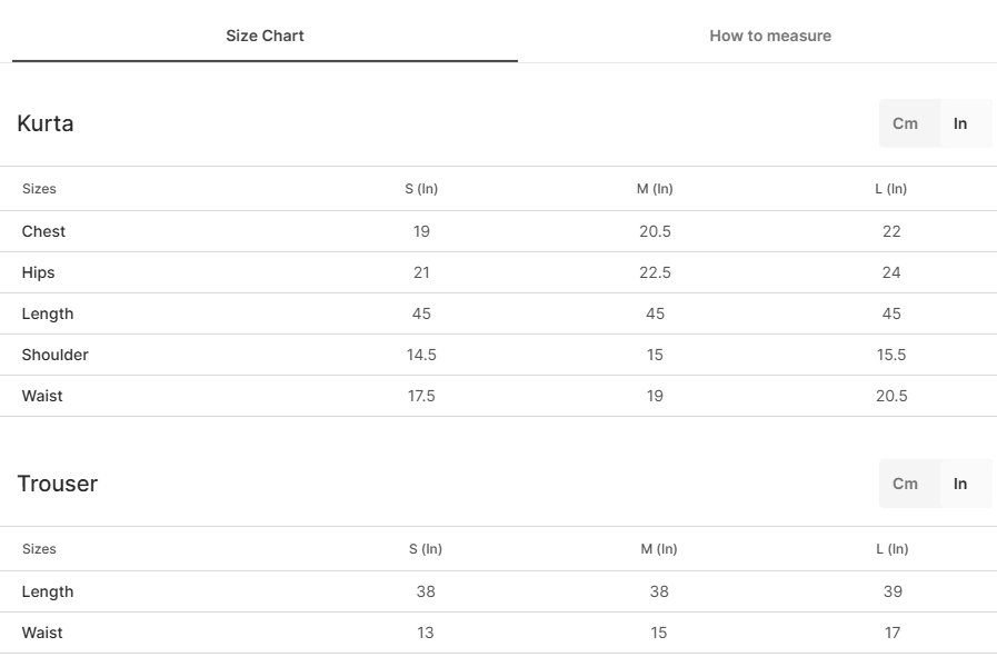 Size chart for Sarwari