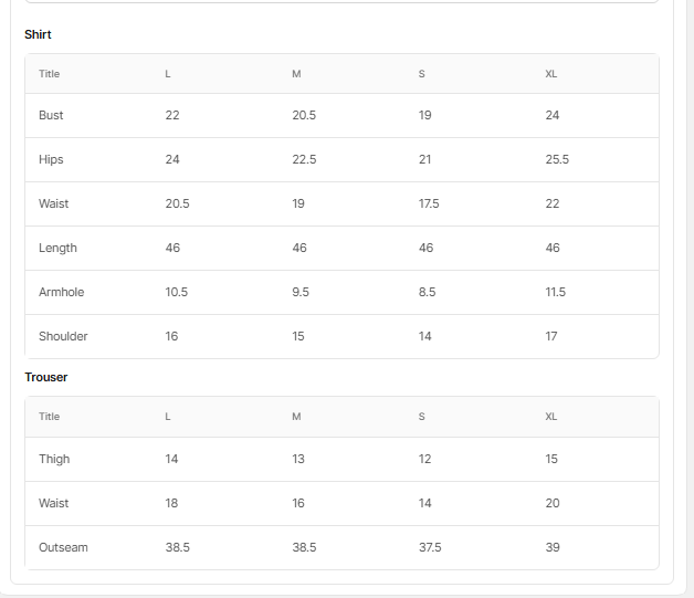 Size chart for Savaaz