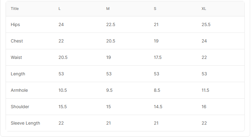 Size chart for Naghma Navy