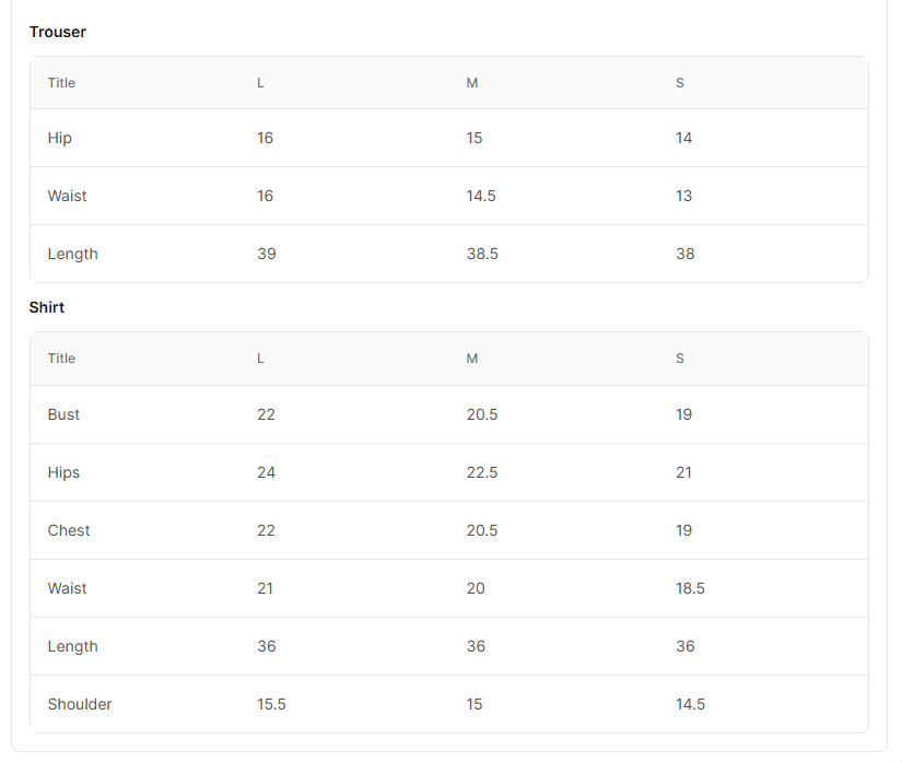 Size chart for Sudaab