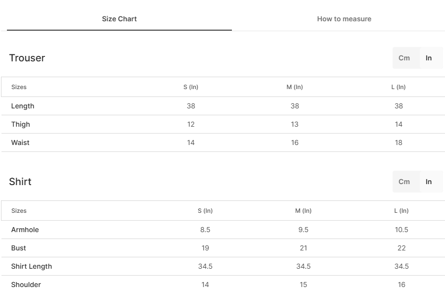 Size chart for Sea Green