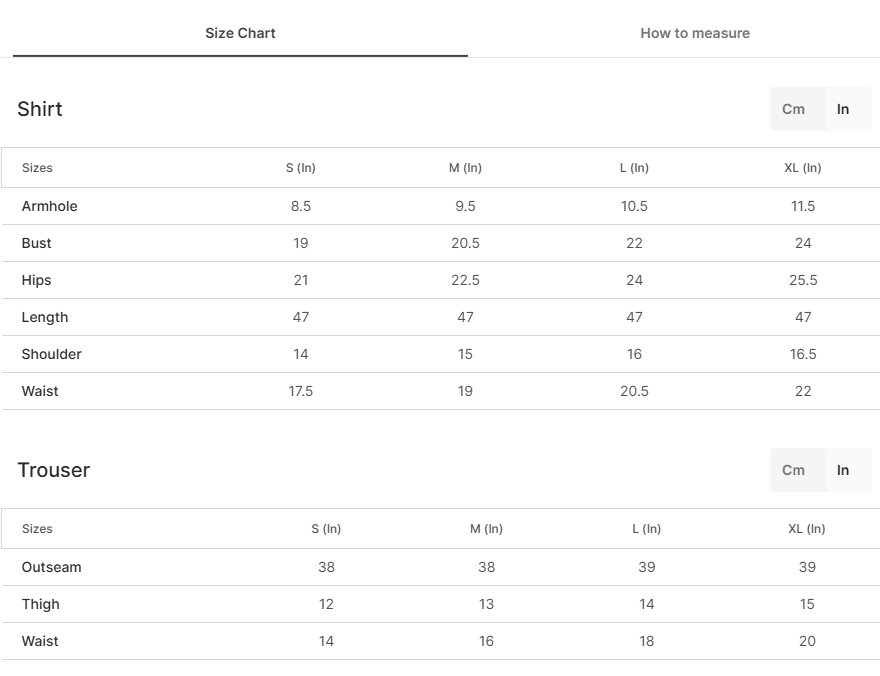 Size chart for Seemab - Beige