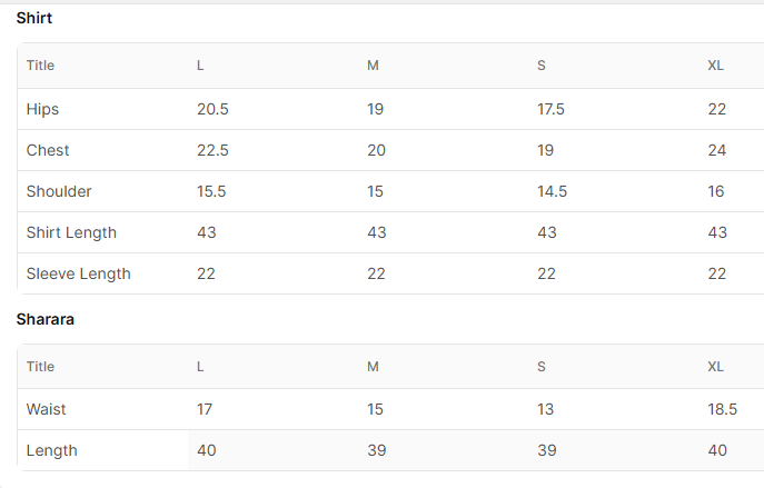 Size chart for Sehjal Black