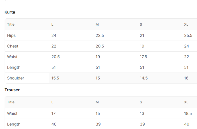 Size chart for Sehrvaar