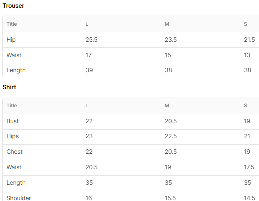 Size chart for Sepideh White
