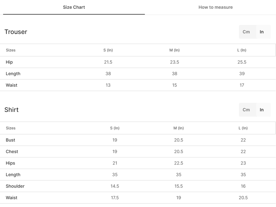 Size chart for Sepideh Skin