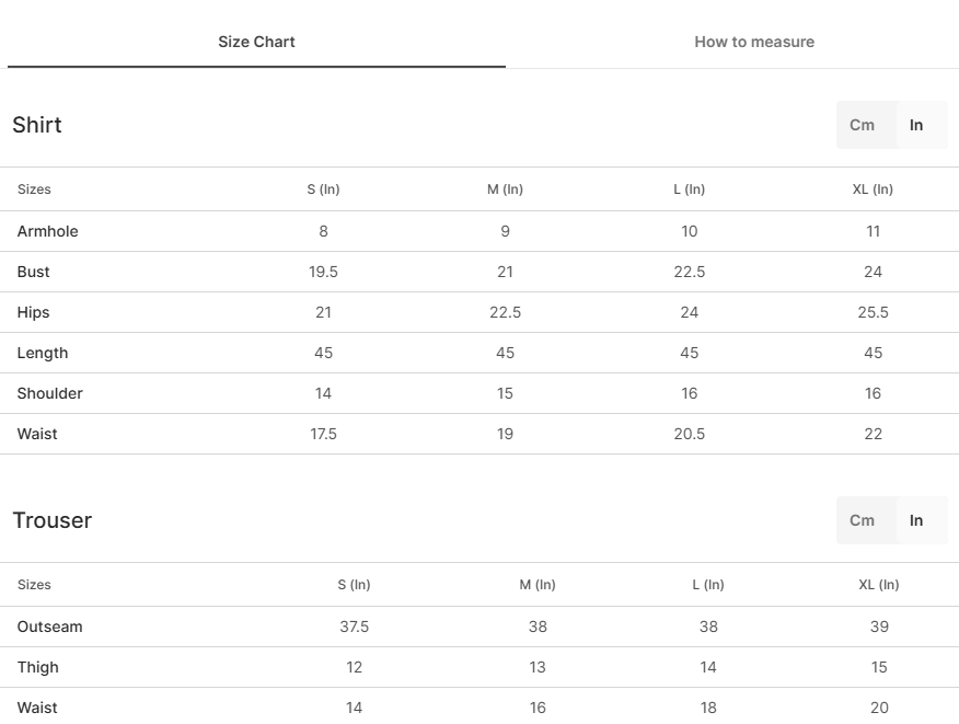 Size chart for Serenade - White