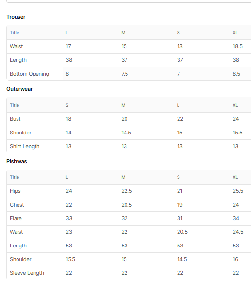 Size chart for Sevgi