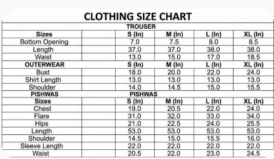 Size chart for Sevgi