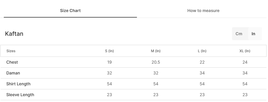 Size chart for Sevra Blue