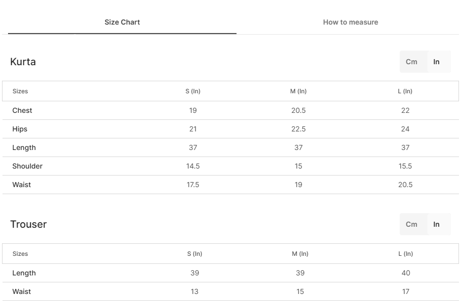 Size chart for Shabaaheen Yellow