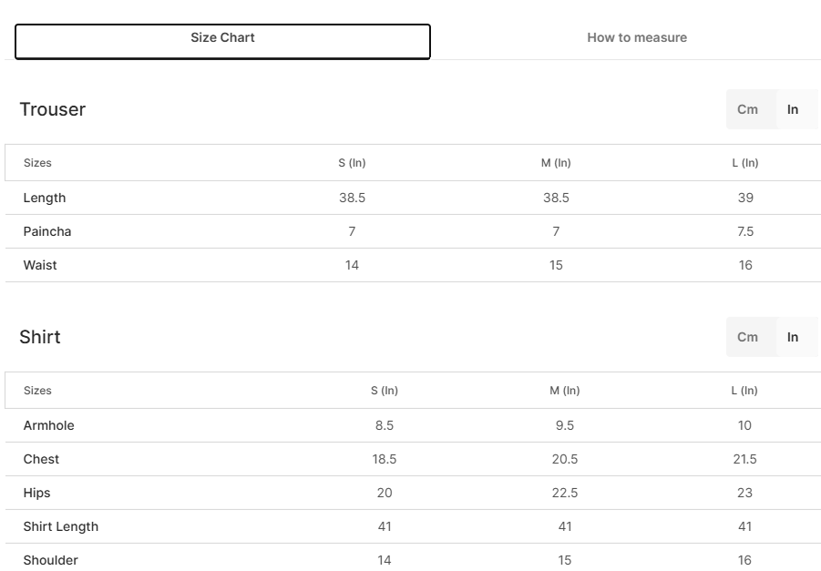 Size chart for Shabistan Red