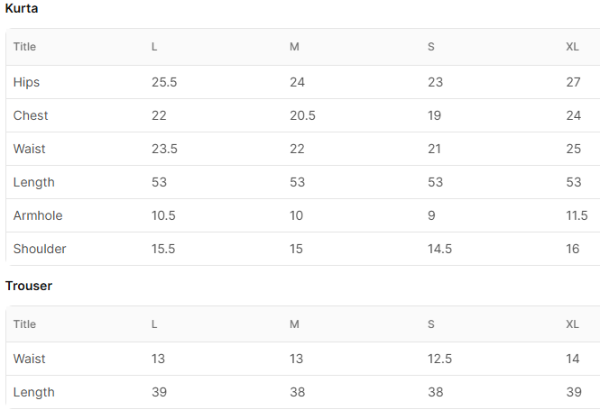 Size chart for Shabpareek Black
